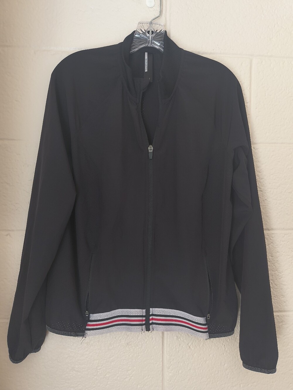 Mondetta Black Bomber Jacket with Red & White Striped Hem